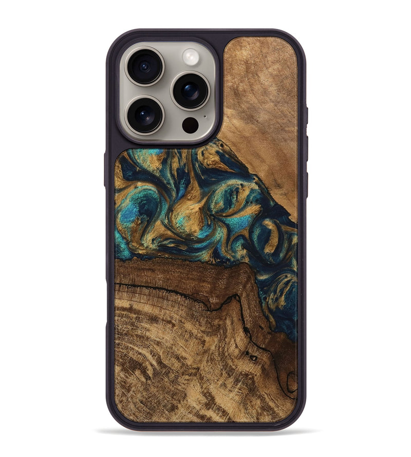 iPhone 16 Pro Max Wood Phone Case - Joey (Teal & Gold, 745612)