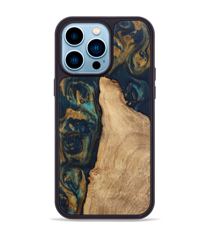 iPhone 14 Pro Max Wood Phone Case - Deonte (Teal & Gold, 745613)