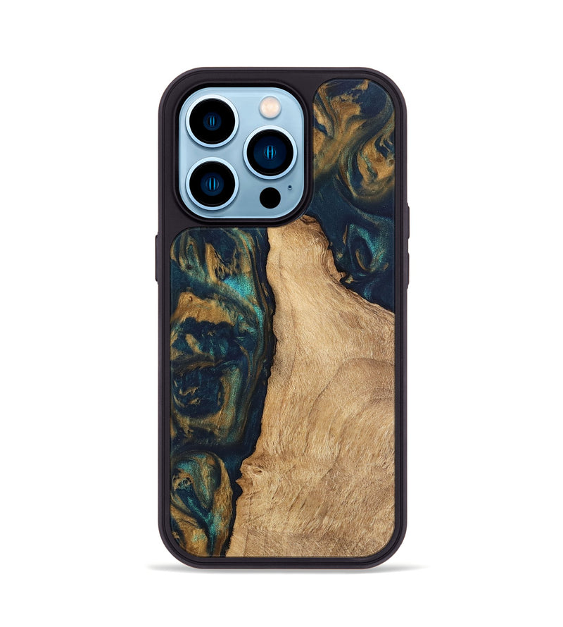 iPhone 14 Pro Wood Phone Case - Deonte (Teal & Gold, 745613)