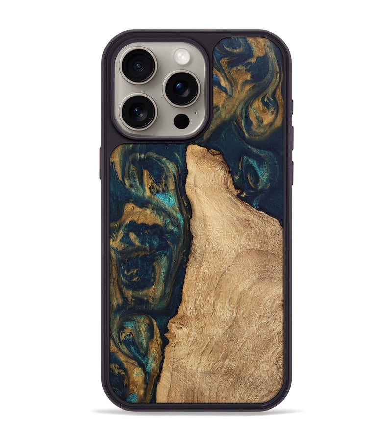 iPhone 15 Pro Max Wood Phone Case - Deonte (Teal & Gold, 745613)