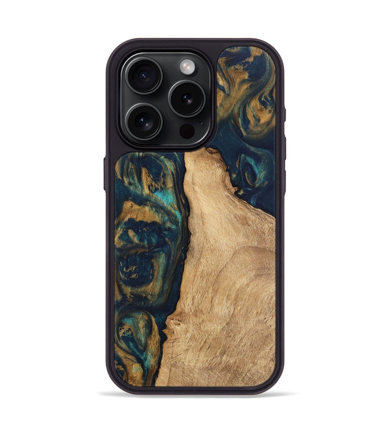 iPhone 15 Pro Wood Phone Case - Deonte (Teal & Gold, 745613)