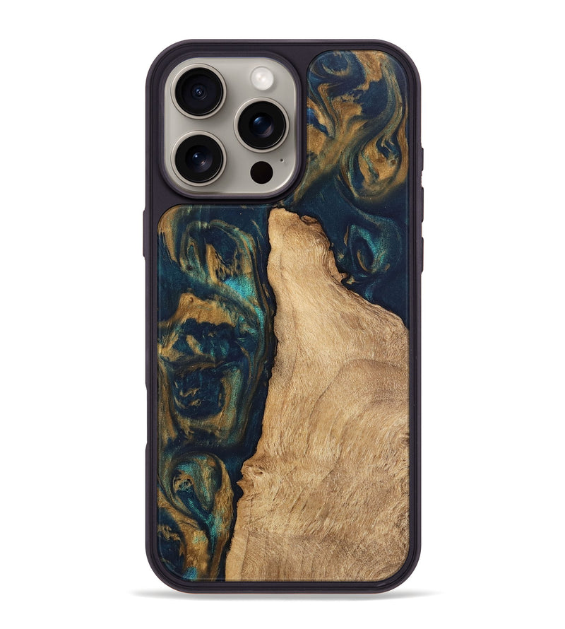 iPhone 16 Pro Max Wood Phone Case - Deonte (Teal & Gold, 745613)