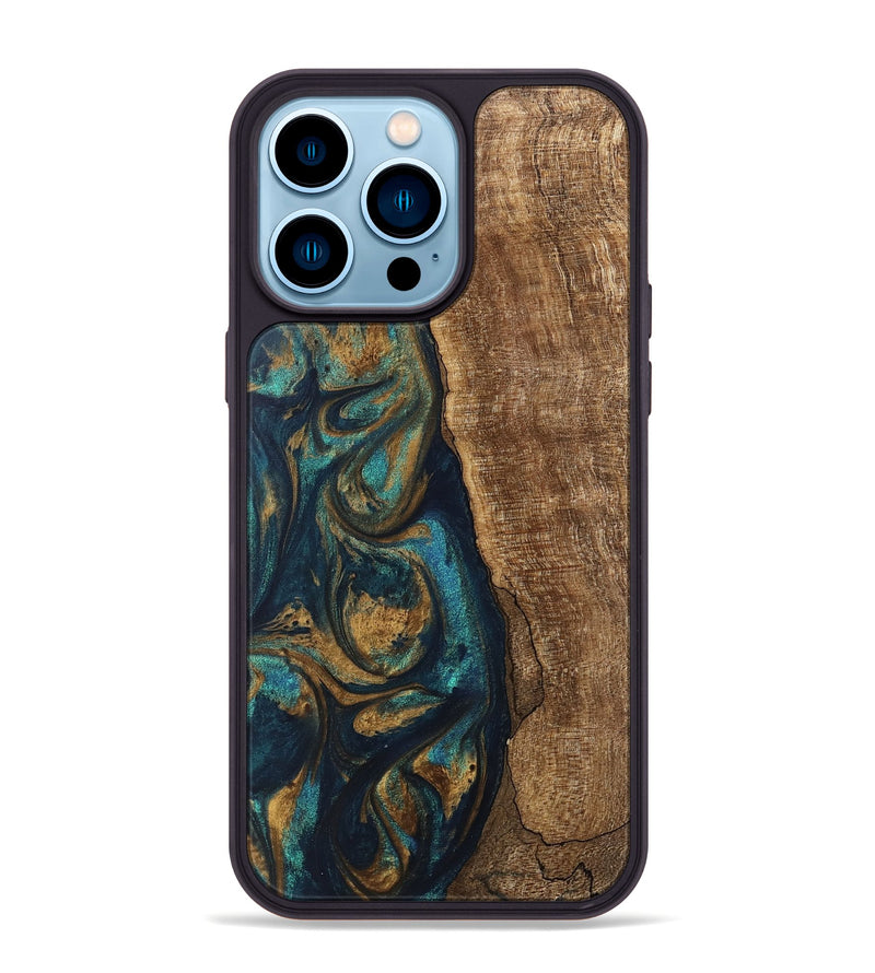 iPhone 14 Pro Max Wood Phone Case - Jadon (Teal & Gold, 745620)