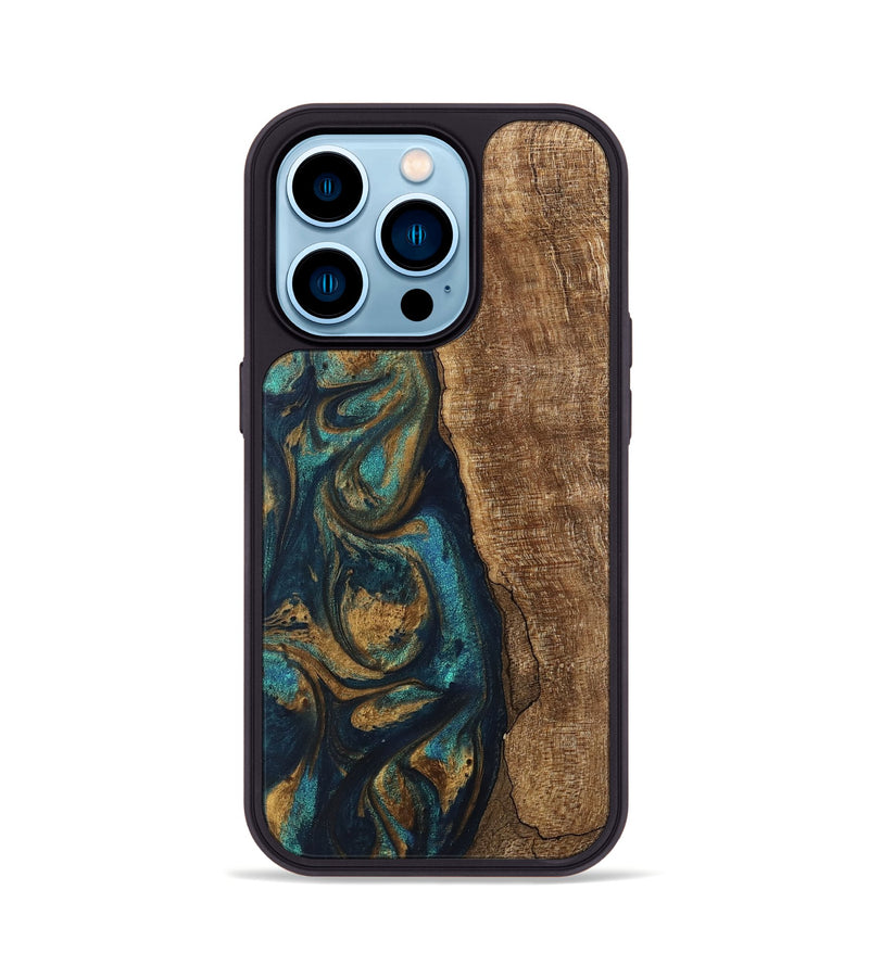 iPhone 14 Pro Wood Phone Case - Jadon (Teal & Gold, 745620)