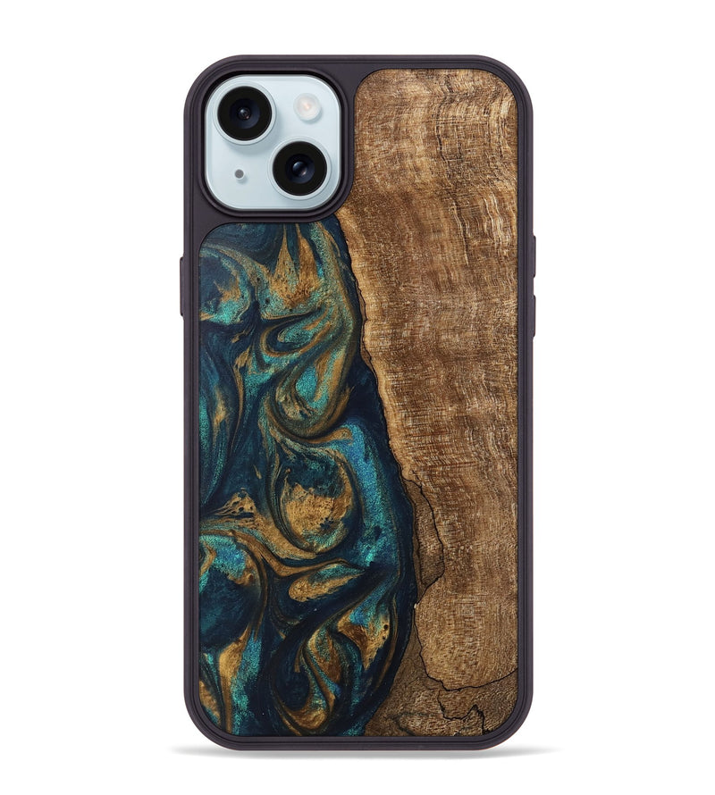 iPhone 15 Plus Wood Phone Case - Jadon (Teal & Gold, 745620)