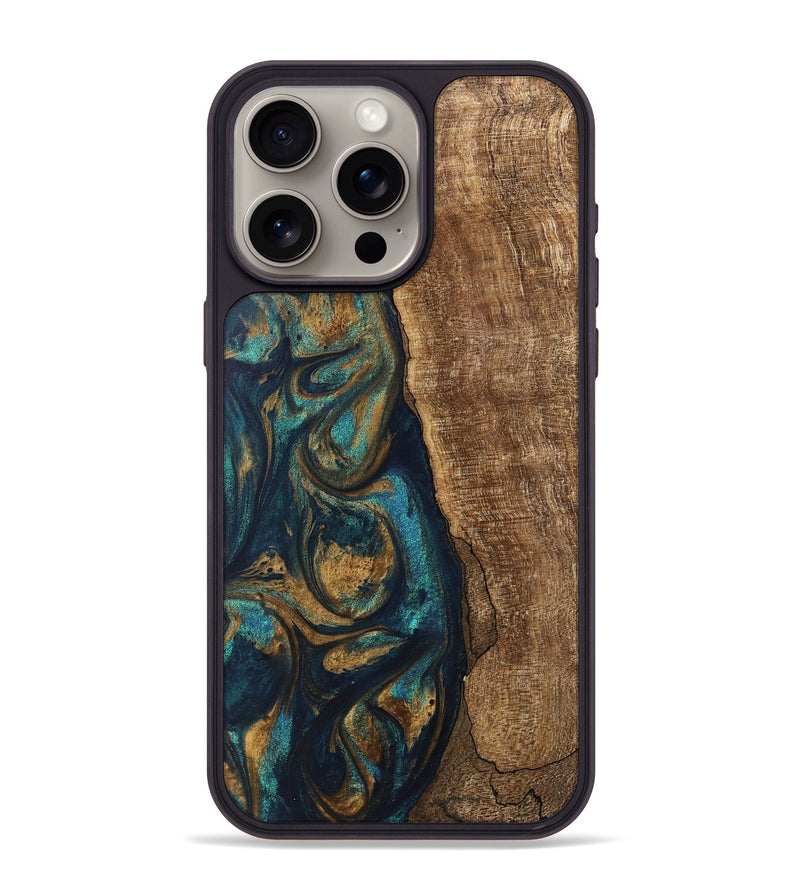 iPhone 15 Pro Max Wood Phone Case - Jadon (Teal & Gold, 745620)