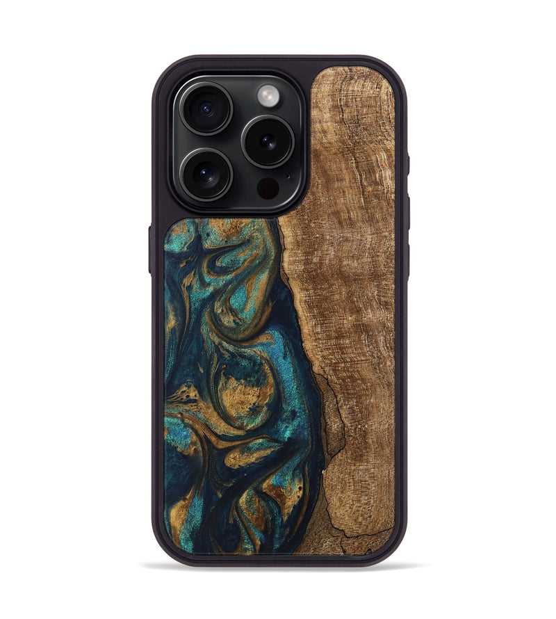 iPhone 15 Pro Wood Phone Case - Jadon (Teal & Gold, 745620)