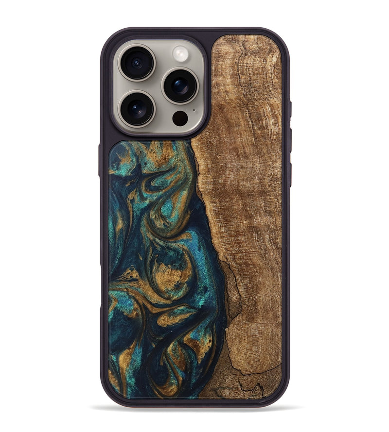 iPhone 16 Pro Max Wood Phone Case - Jadon (Teal & Gold, 745620)