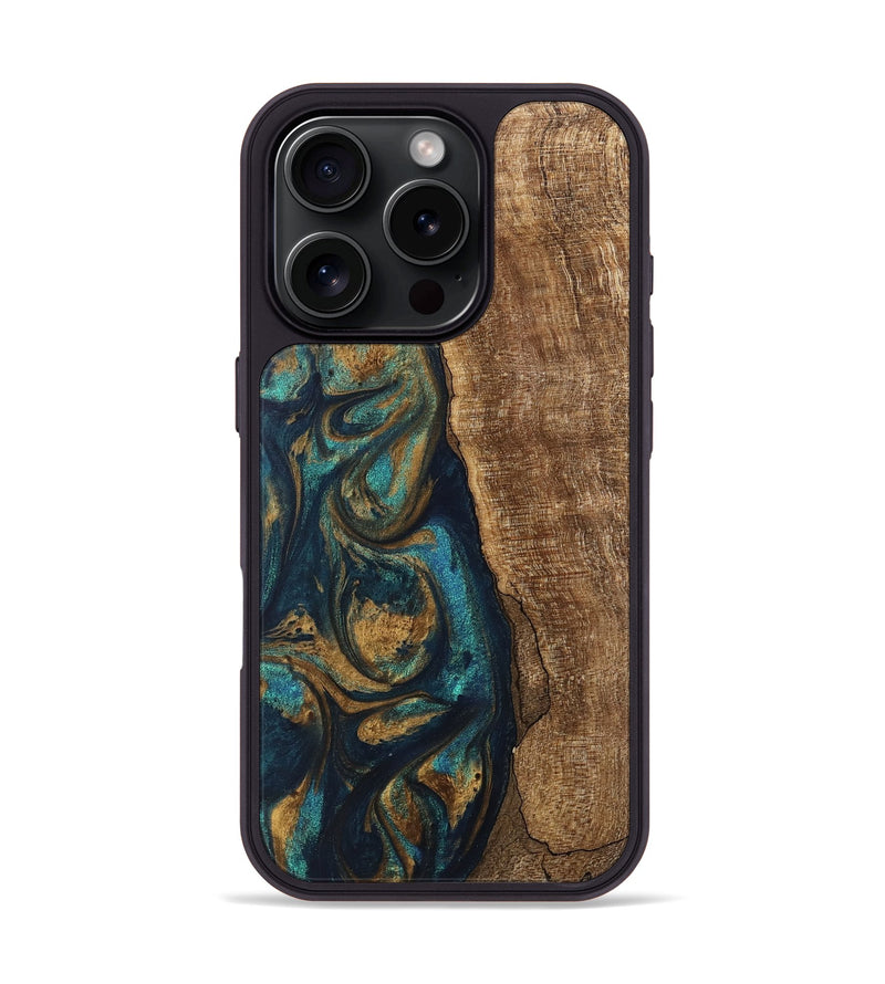 iPhone 16 Pro Wood Phone Case - Jadon (Teal & Gold, 745620)