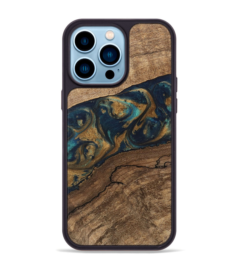 iPhone 14 Pro Max Wood Phone Case - Nestor (Teal & Gold, 745622)