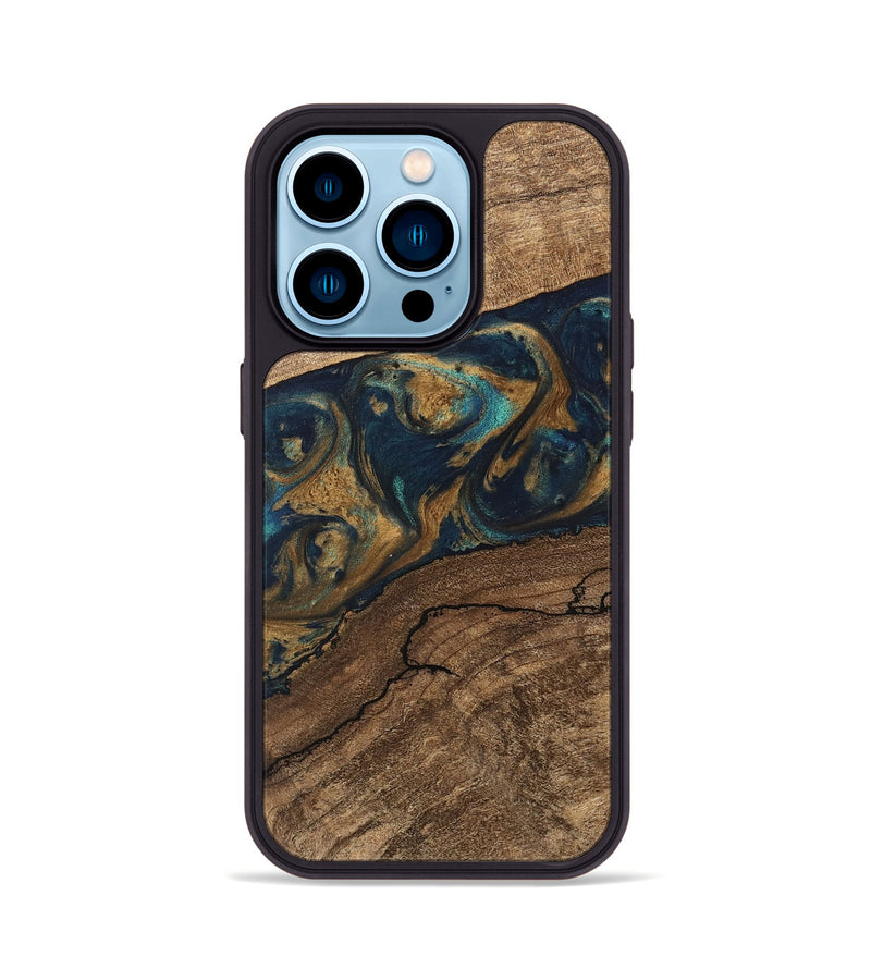 iPhone 14 Pro Wood Phone Case - Nestor (Teal & Gold, 745622)