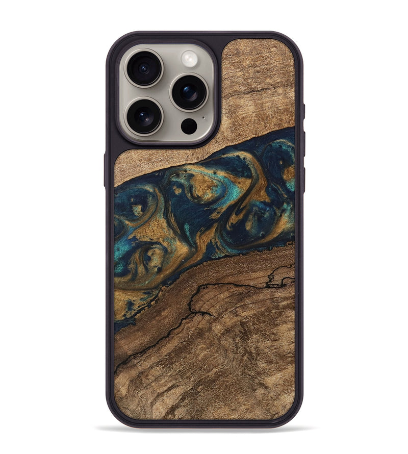 iPhone 15 Pro Max Wood Phone Case - Nestor (Teal & Gold, 745622)