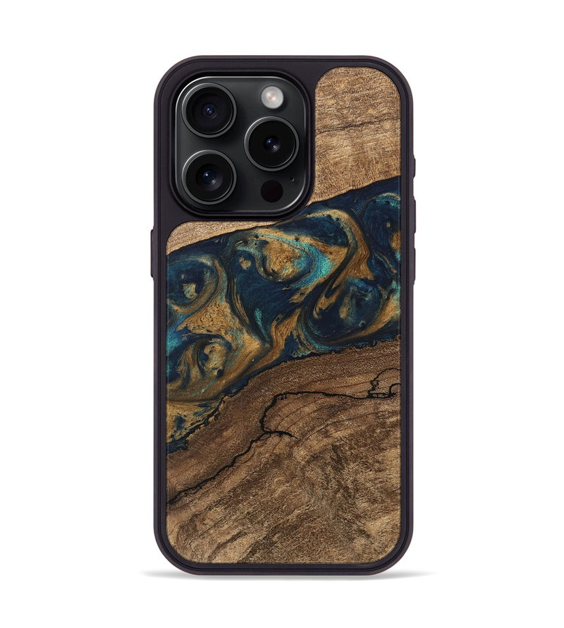 iPhone 15 Pro Wood Phone Case - Nestor (Teal & Gold, 745622)