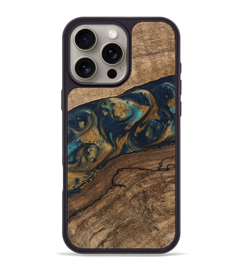 iPhone 16 Pro Max Wood Phone Case - Nestor (Teal & Gold, 745622)