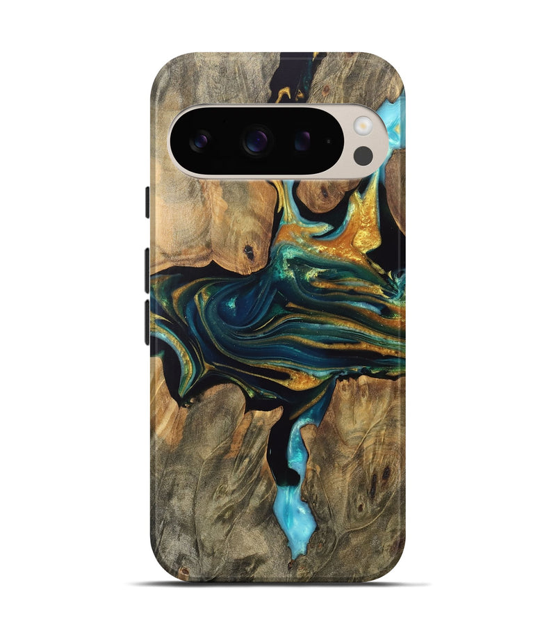 Pixel 9 Pro Wood Live Edge Phone Case - Kerry (Teal & Gold, 745664)