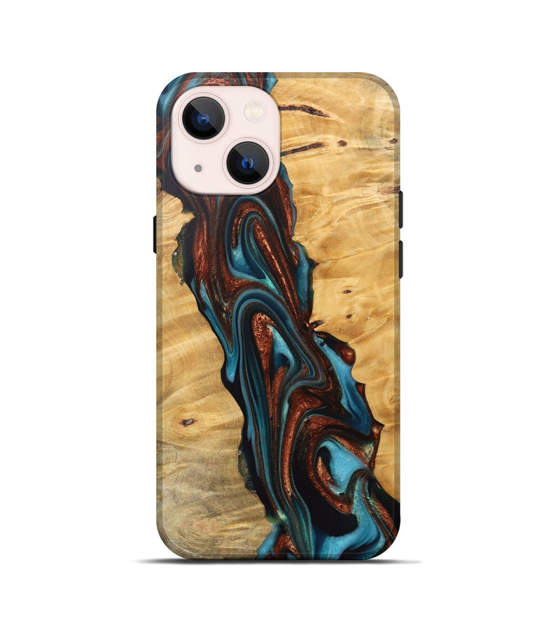 iPhone 13 mini Wood Live Edge Phone Case - Reba (Teal & Gold, 745671)