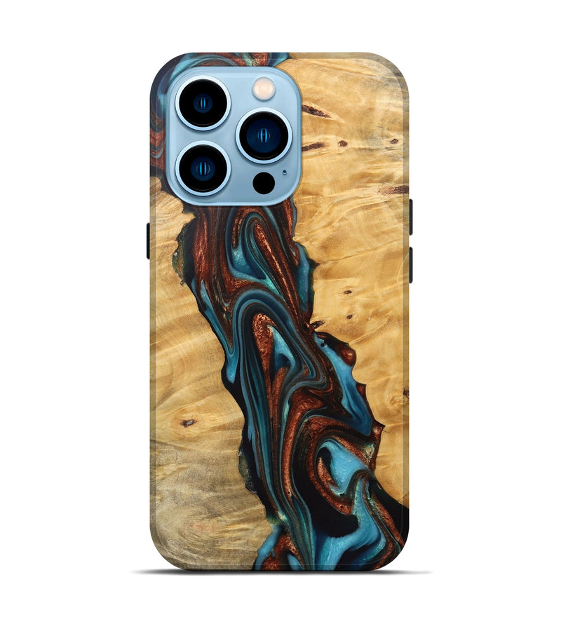 iPhone 14 Pro Wood Live Edge Phone Case - Reba (Teal & Gold, 745671)