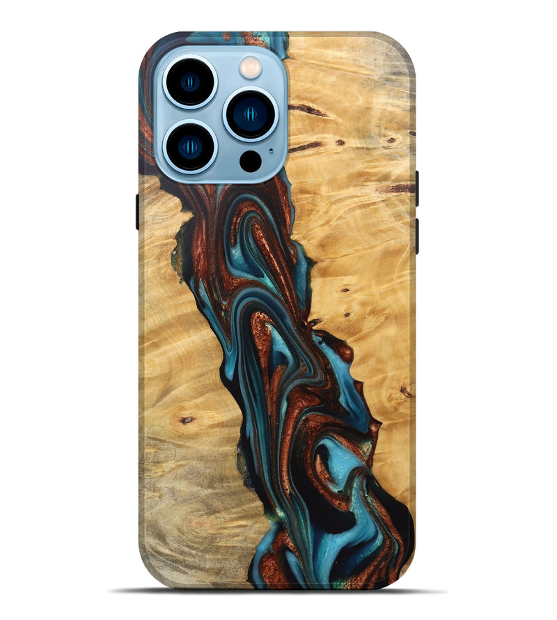 iPhone 14 Pro Max Wood Live Edge Phone Case - Reba (Teal & Gold, 745671)