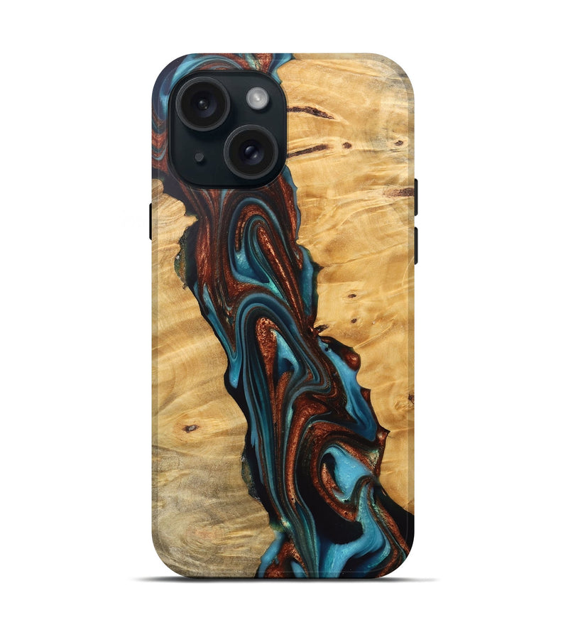 iPhone 15 Wood Live Edge Phone Case - Reba (Teal & Gold, 745671)