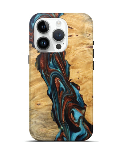 iPhone 15 Pro Wood Live Edge Phone Case - Reba (Teal & Gold, 745671)