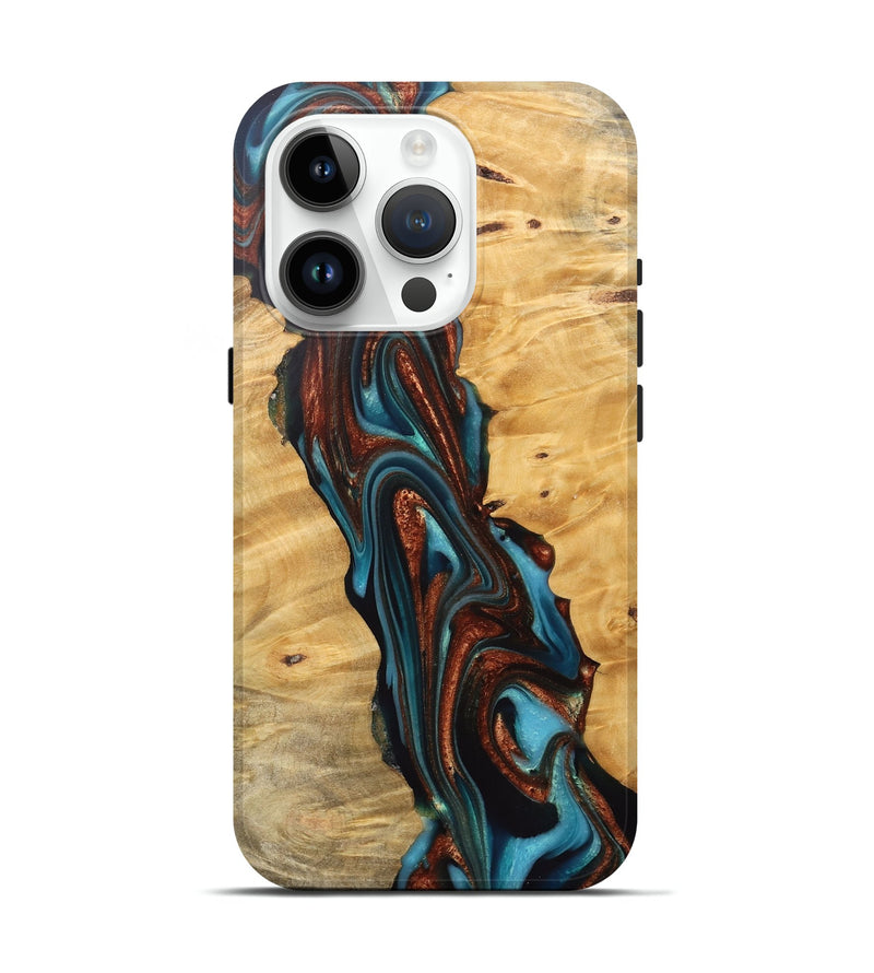 iPhone 15 Pro Wood Live Edge Phone Case - Reba (Teal & Gold, 745671)