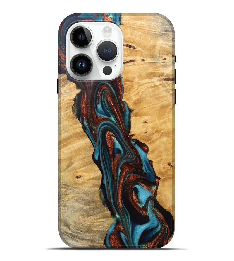 iPhone 15 Pro Max Wood Live Edge Phone Case - Reba (Teal & Gold, 745671)