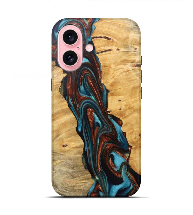 iPhone 16 Wood Live Edge Phone Case - Reba (Teal & Gold, 745671)