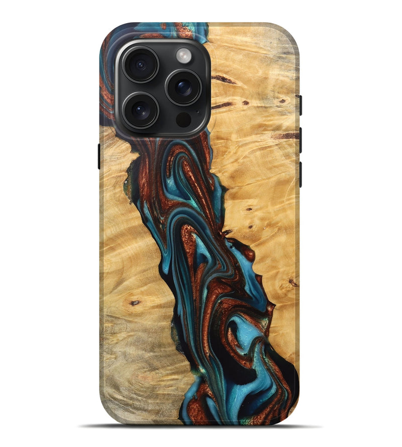 iPhone 16 Pro Max Wood Live Edge Phone Case - Reba (Teal & Gold, 745671)