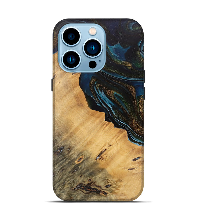 iPhone 14 Pro Wood Live Edge Phone Case - Maggie (Teal & Gold, 745674)