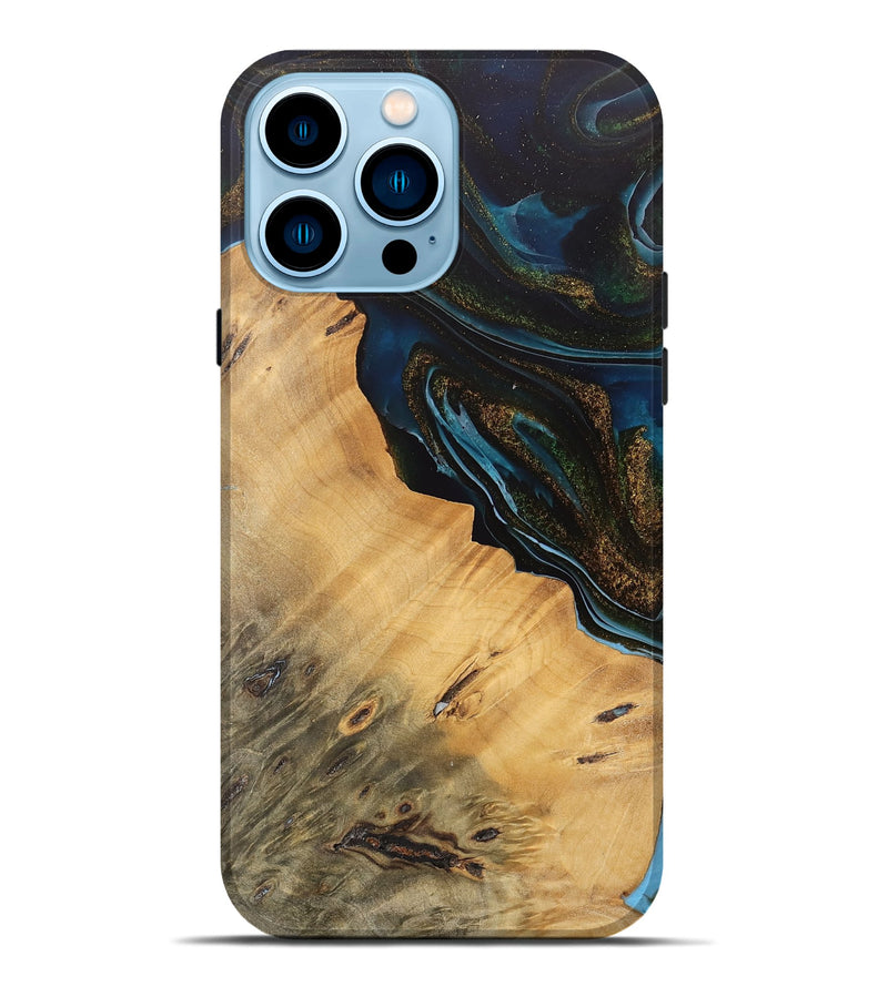 iPhone 14 Pro Max Wood Live Edge Phone Case - Maggie (Teal & Gold, 745674)