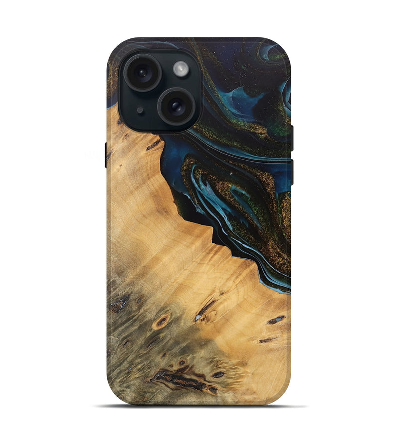 iPhone 15 Wood Live Edge Phone Case - Maggie (Teal & Gold, 745674)