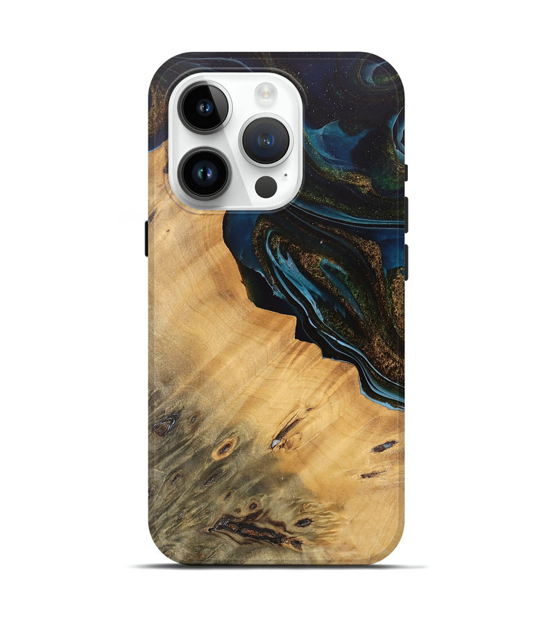 iPhone 15 Pro Wood Live Edge Phone Case - Maggie (Teal & Gold, 745674)