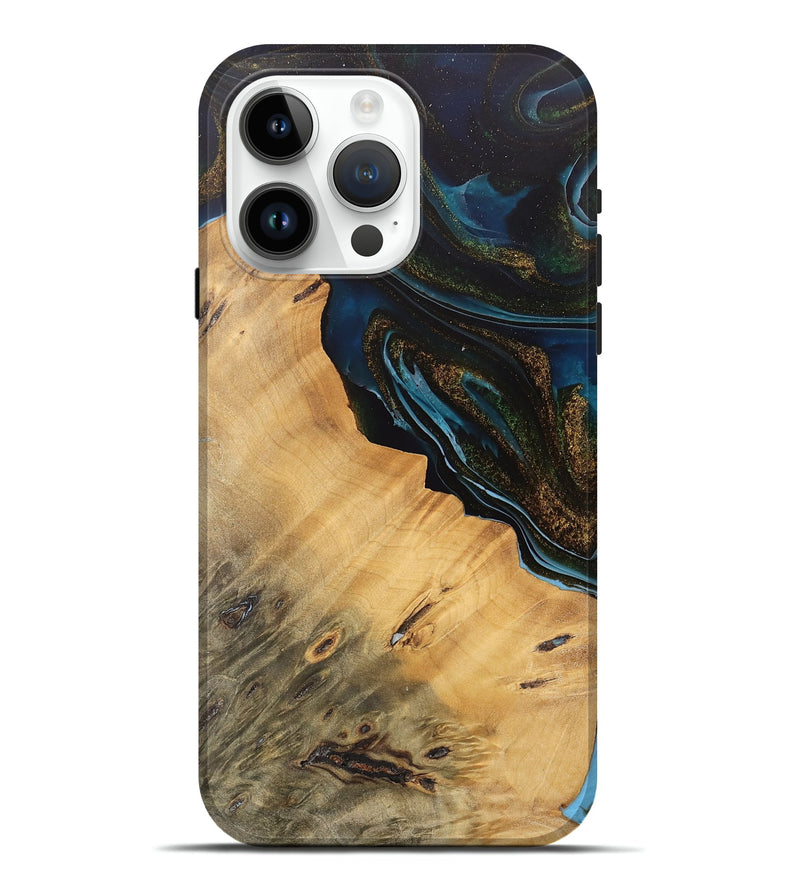 iPhone 15 Pro Max Wood Live Edge Phone Case - Maggie (Teal & Gold, 745674)