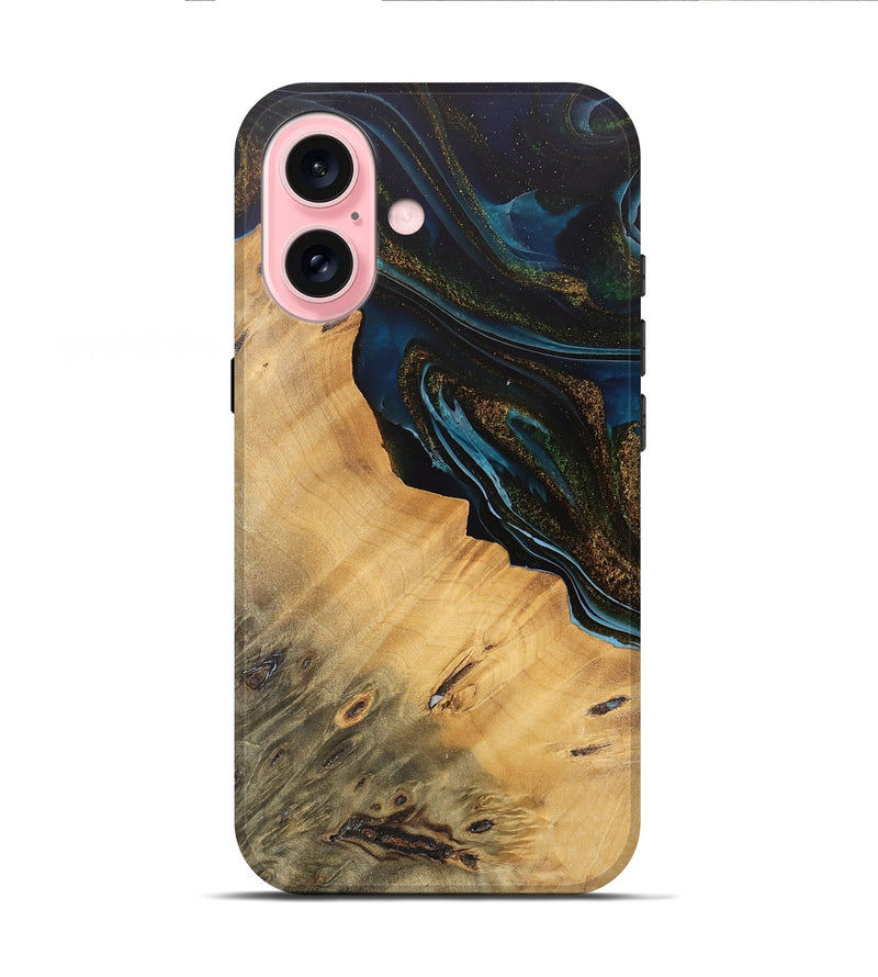 iPhone 16 Wood Live Edge Phone Case - Maggie (Teal & Gold, 745674)