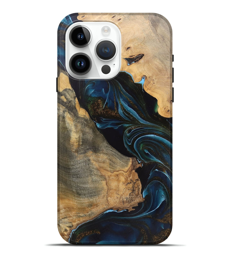 iPhone 15 Pro Max Wood Live Edge Phone Case - Arlo (Teal & Gold, 745675)