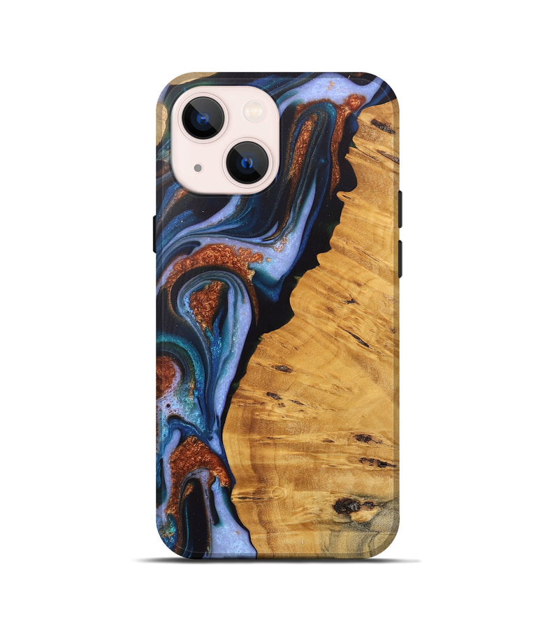 iPhone 13 mini Wood Live Edge Phone Case - Davin (Teal & Gold, 745679)