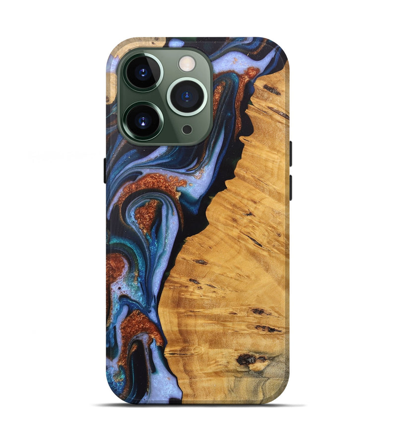 iPhone 13 Pro Wood Live Edge Phone Case - Davin (Teal & Gold, 745679)