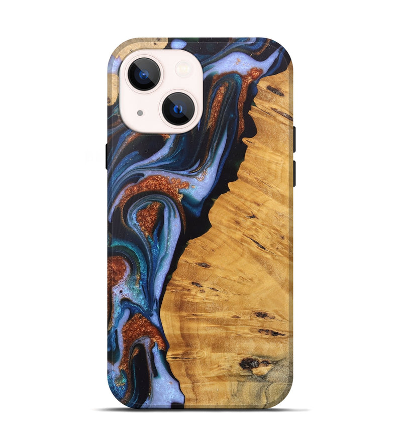 iPhone 14 Wood Live Edge Phone Case - Davin (Teal & Gold, 745679)