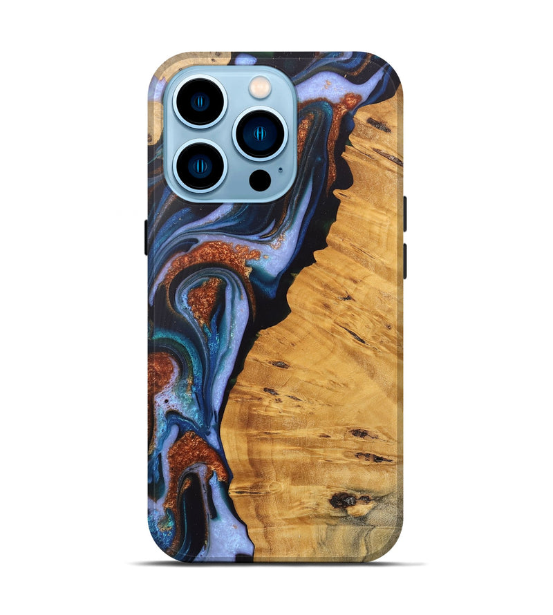 iPhone 14 Pro Wood Live Edge Phone Case - Davin (Teal & Gold, 745679)