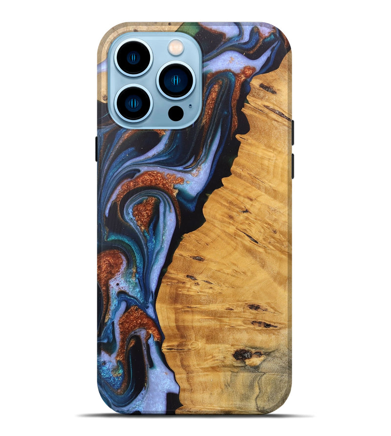 iPhone 14 Pro Max Wood Live Edge Phone Case - Davin (Teal & Gold, 745679)