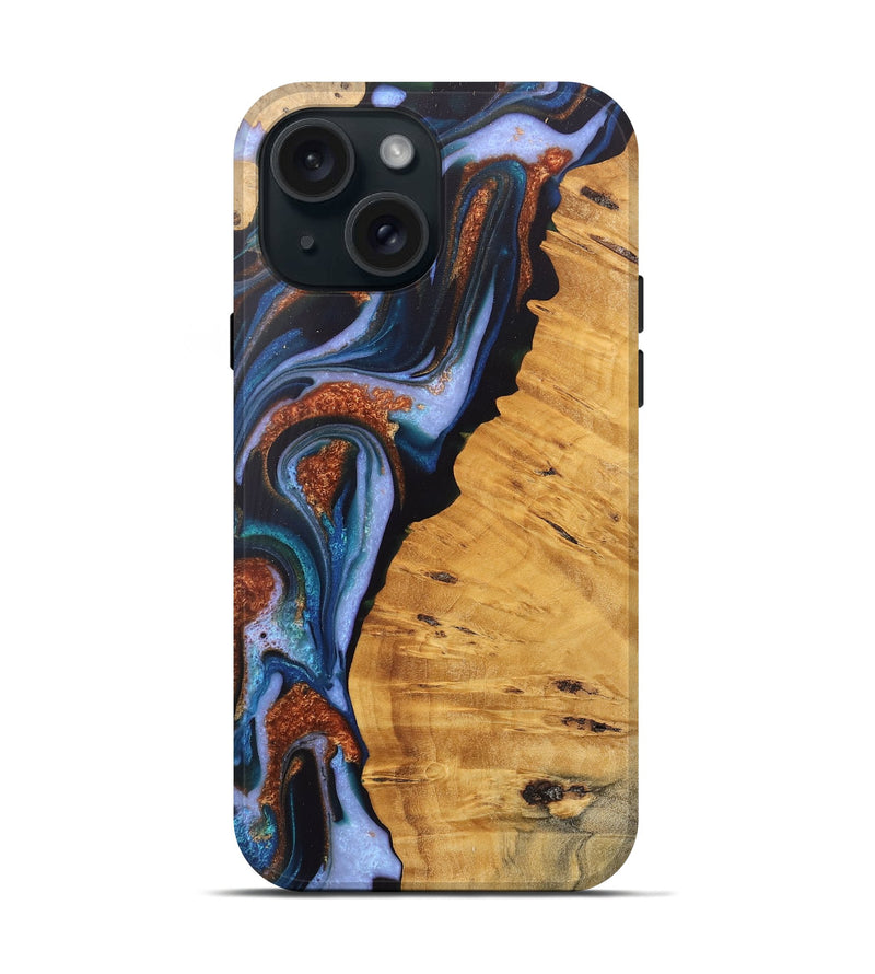 iPhone 15 Wood Live Edge Phone Case - Davin (Teal & Gold, 745679)