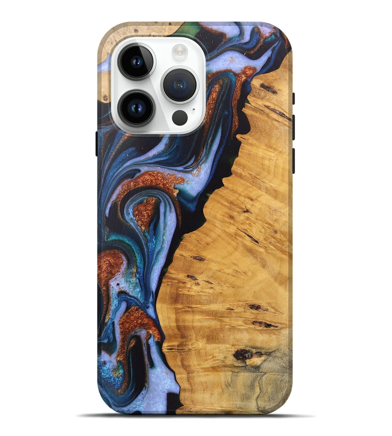 iPhone 15 Pro Max Wood Live Edge Phone Case - Davin (Teal & Gold, 745679)