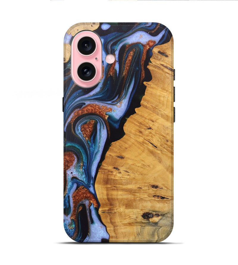 iPhone 16 Wood Live Edge Phone Case - Davin (Teal & Gold, 745679)