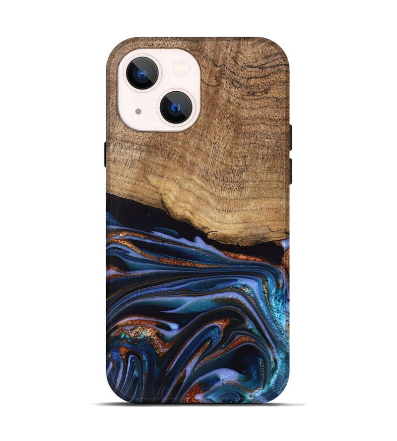 iPhone 14 Wood Live Edge Phone Case - Shanta (Teal & Gold, 745681)