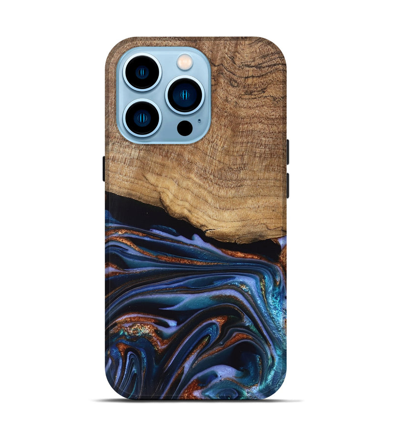 iPhone 14 Pro Wood Live Edge Phone Case - Shanta (Teal & Gold, 745681)