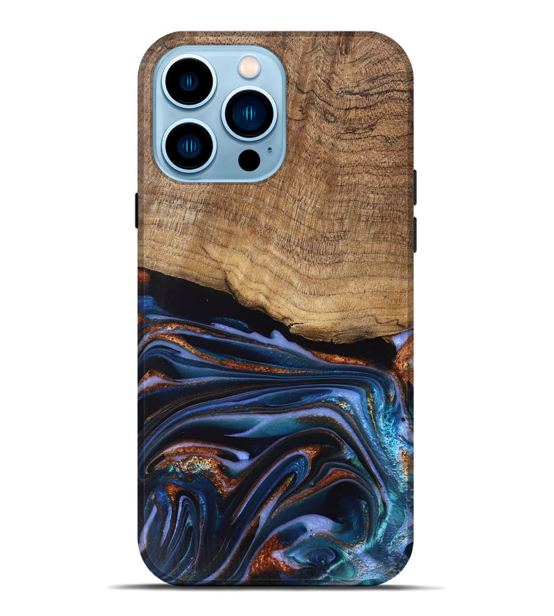 iPhone 14 Pro Max Wood Live Edge Phone Case - Shanta (Teal & Gold, 745681)