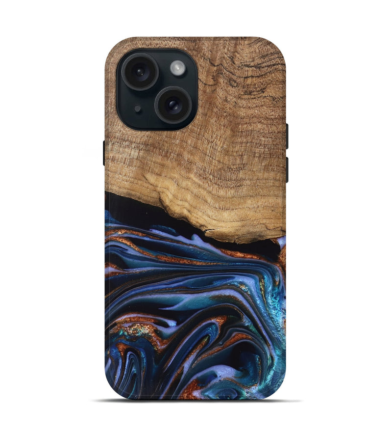 iPhone 15 Wood Live Edge Phone Case - Shanta (Teal & Gold, 745681)