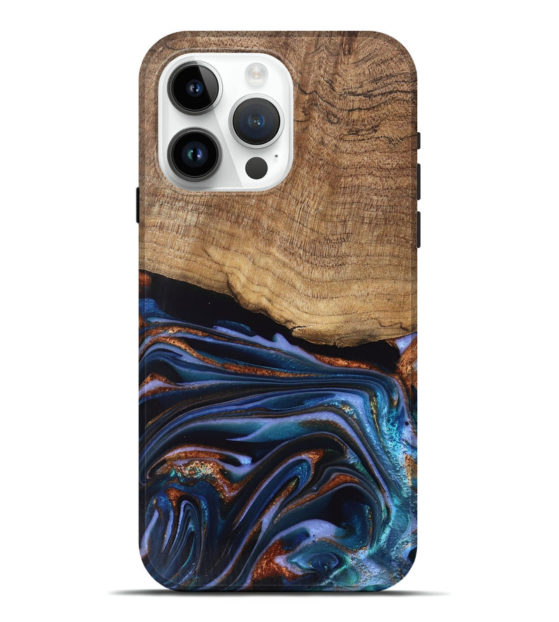 iPhone 15 Pro Max Wood Live Edge Phone Case - Shanta (Teal & Gold, 745681)