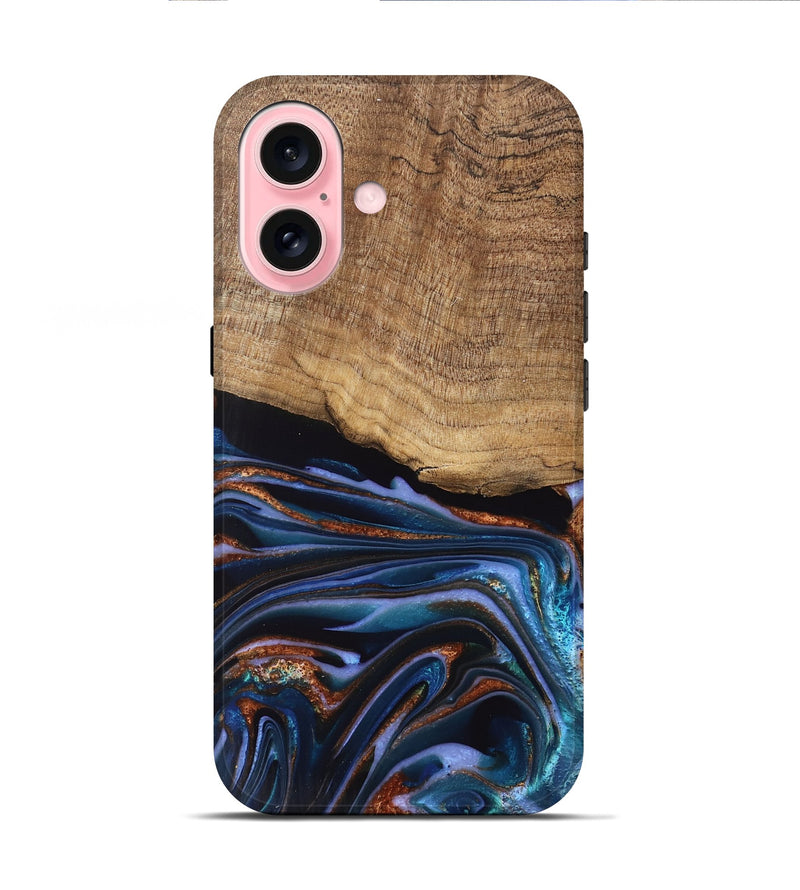 iPhone 16 Wood Live Edge Phone Case - Shanta (Teal & Gold, 745681)