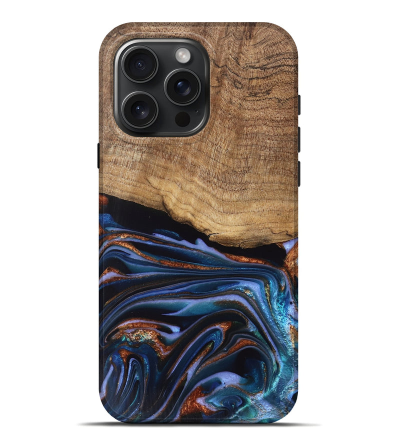 iPhone 16 Pro Max Wood Live Edge Phone Case - Shanta (Teal & Gold, 745681)